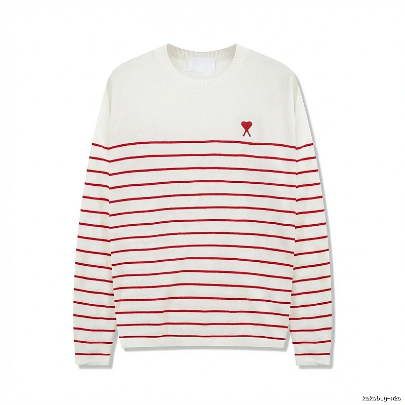 AMI Stripe Heart White Sweater