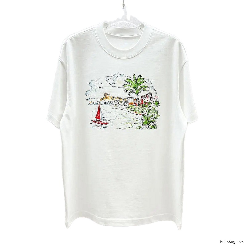 AW Hand-painted Seaside Vacation Style White Short-sleeve T-Shirt