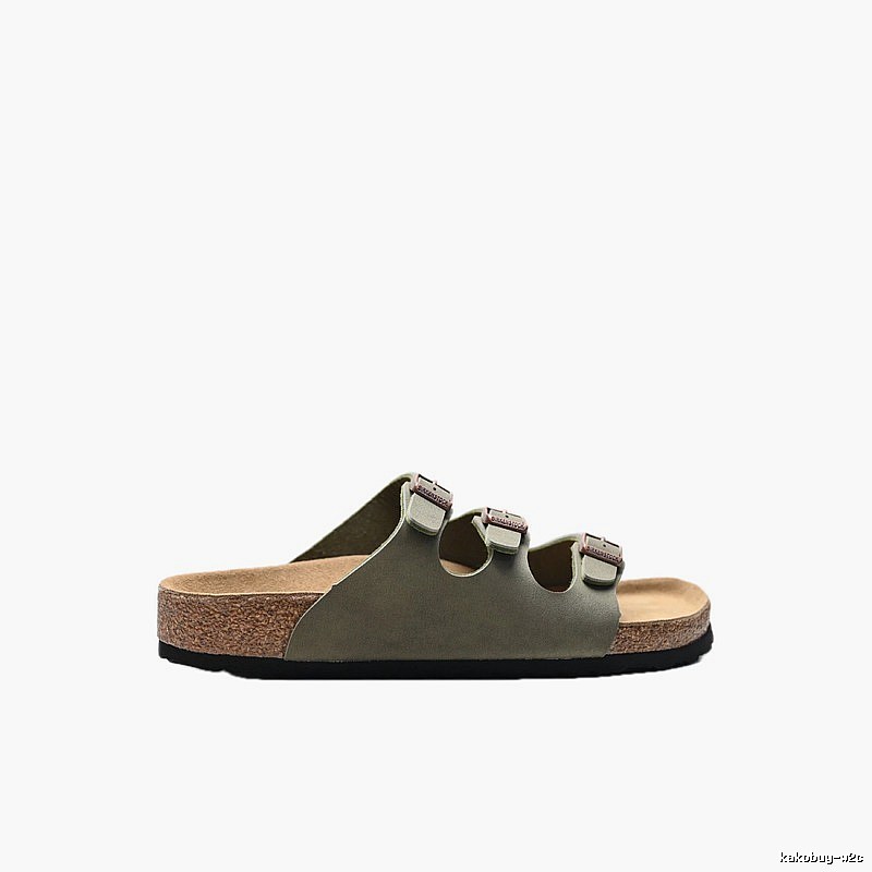 Birkenstock Three-Buckle Casual Army Green Cork Slide Sandals
