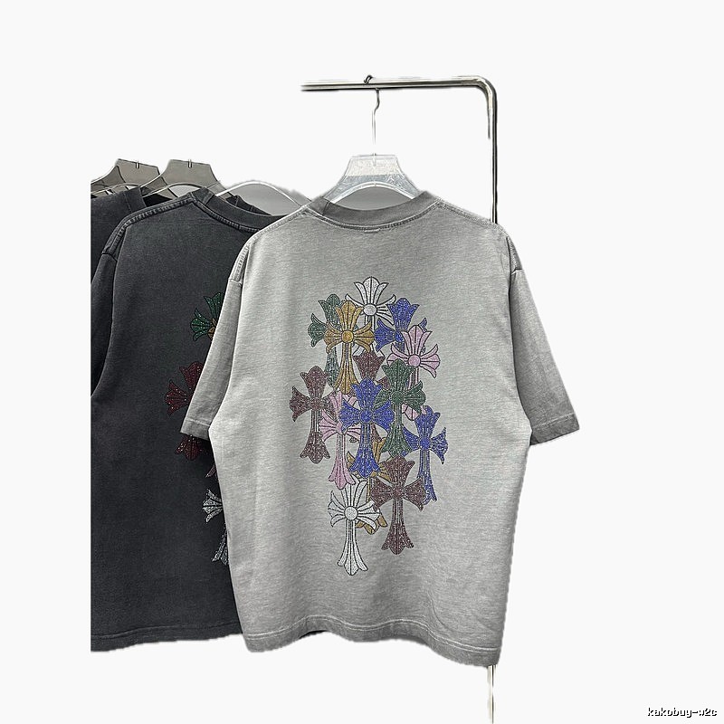Chrome Hearts Cross Hot-Fix Rhinestone Street Style Light Grey T-Shirt