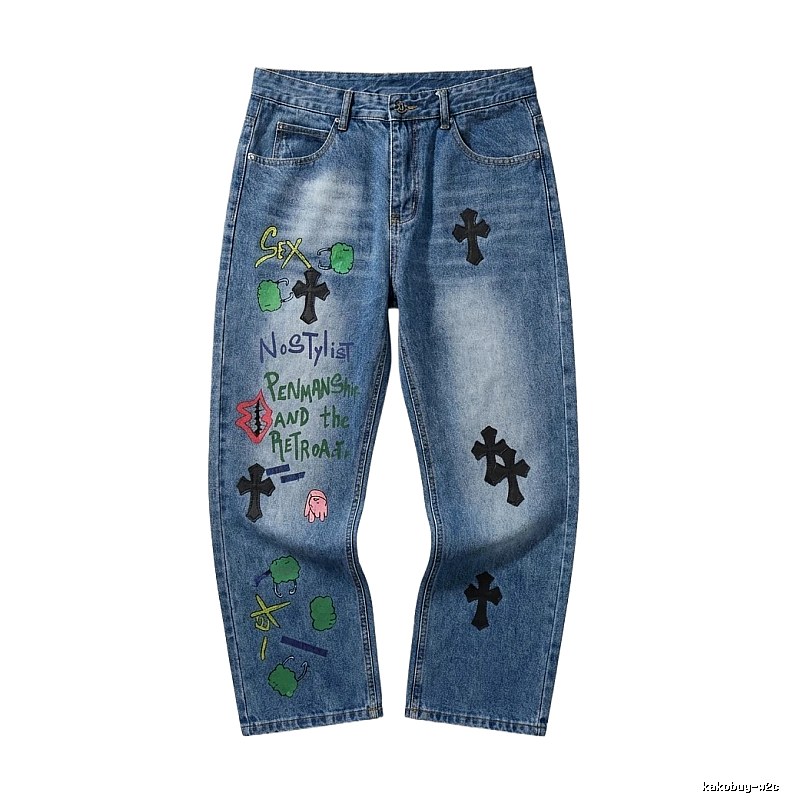 Chrome Hearts graffiti-style blue jeans