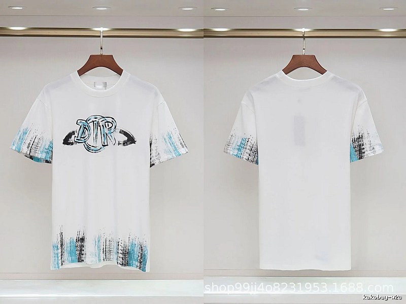 Dior Graffiti Collection Street Style White and Blue Short-sleeve T-shirt