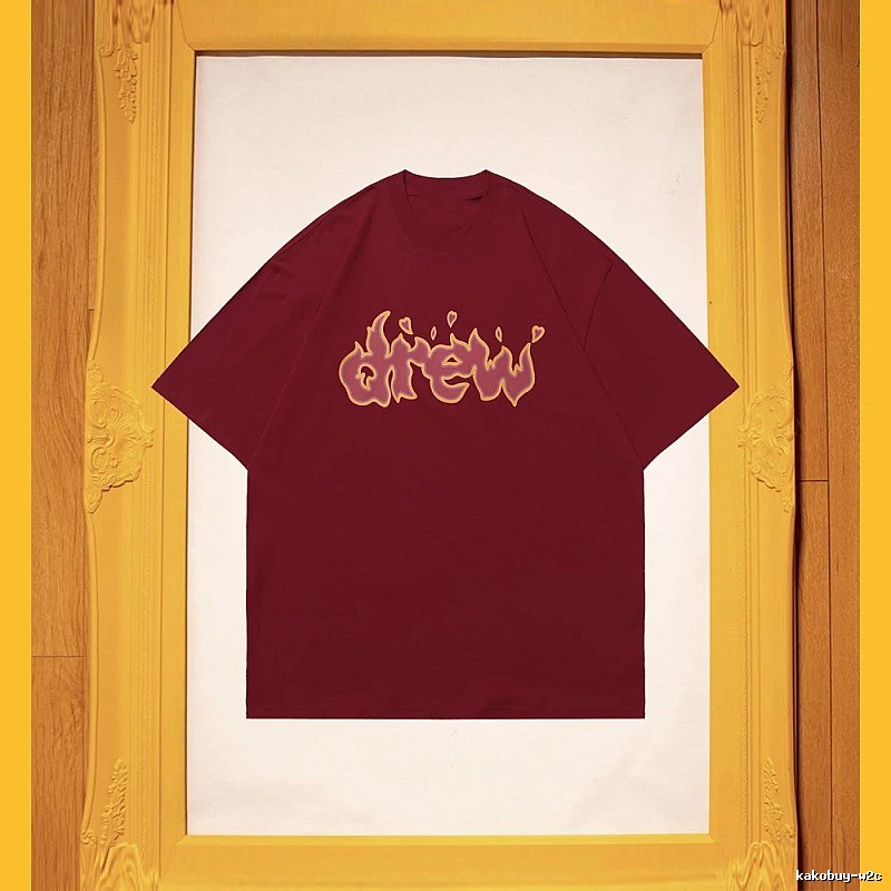 DREW Flame Heart Street Style Burgundy Short Sleeve T-Shirt