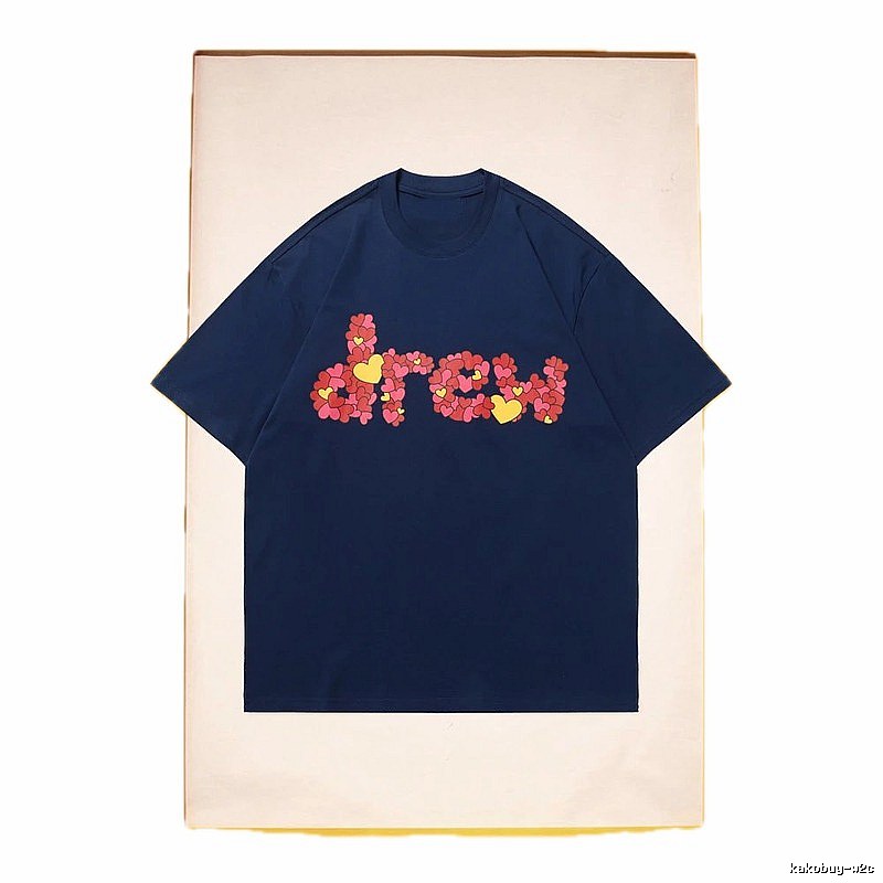 DREW Heart Print Street Style Navy Short Sleeve T-Shirt