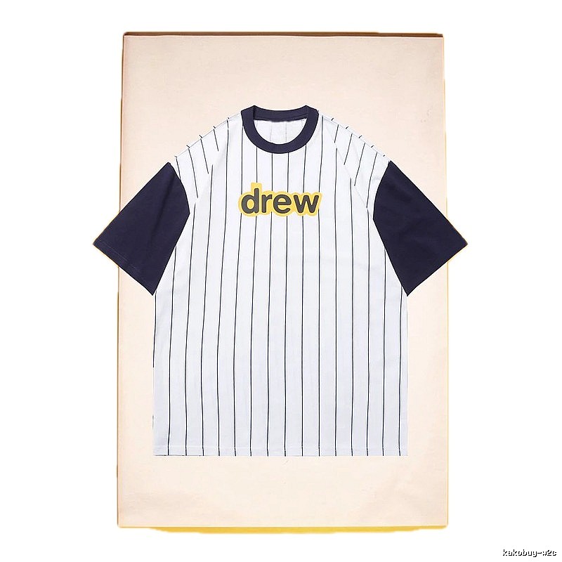 DREW Letter Print Street Style White and Navy Blue Short Sleeve T-Shirt