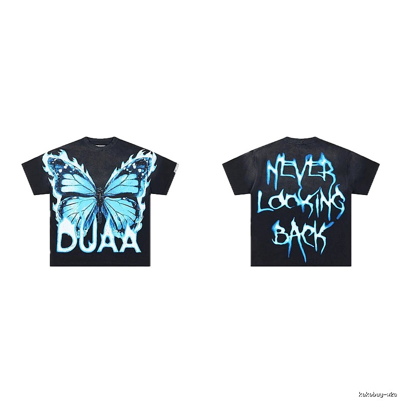 DUAA Butterfly Print Street Style Black and Blue Short-sleeved T-shirt