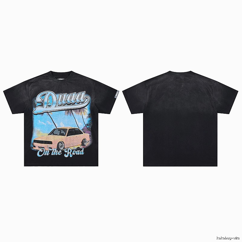 DUAA Road Sports Car American Retro Distressed Black T-Shirt