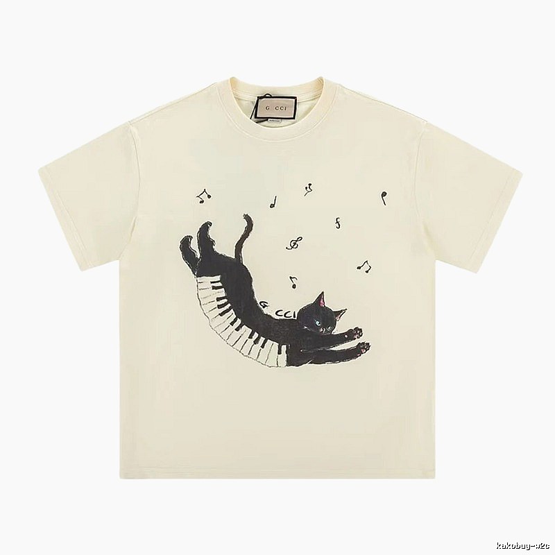 Gucci Artistic Style Cat Print Off-white Short-sleeve T-shirt