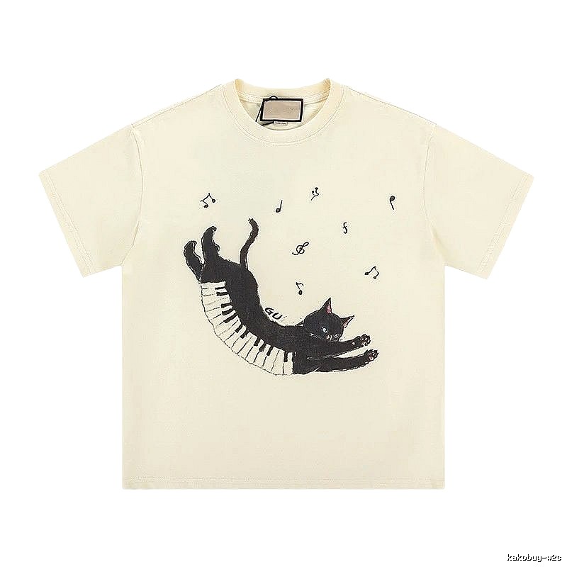 Gucci Black Cat Print Casual Off-White T-Shirt