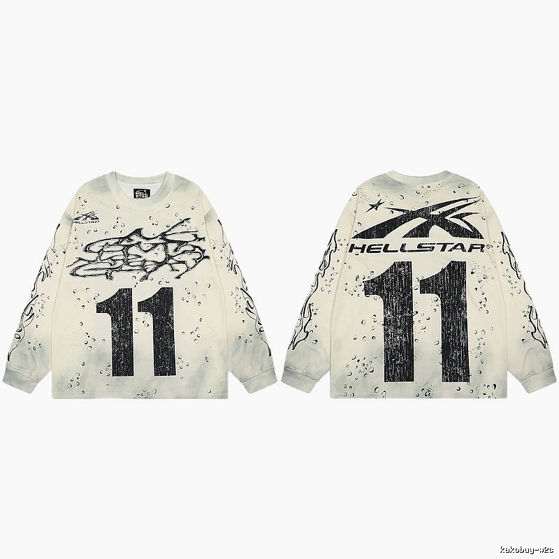Hellstar No.11 Distressed Street Style Off-white Long Sleeve T-shirt