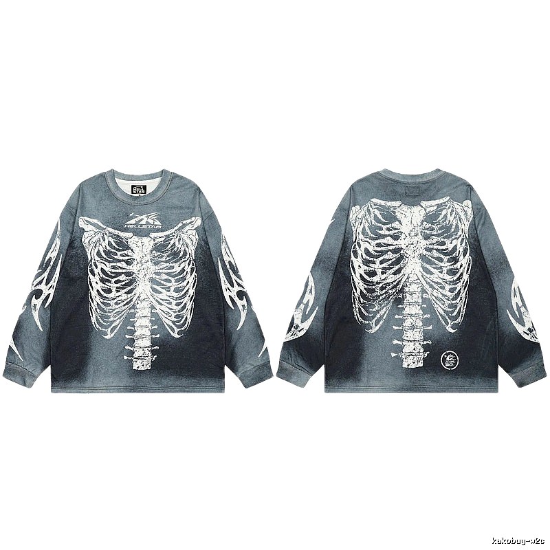 Hellstar Skull Print Street Style Vintage Grey Long Sleeve T-shirt