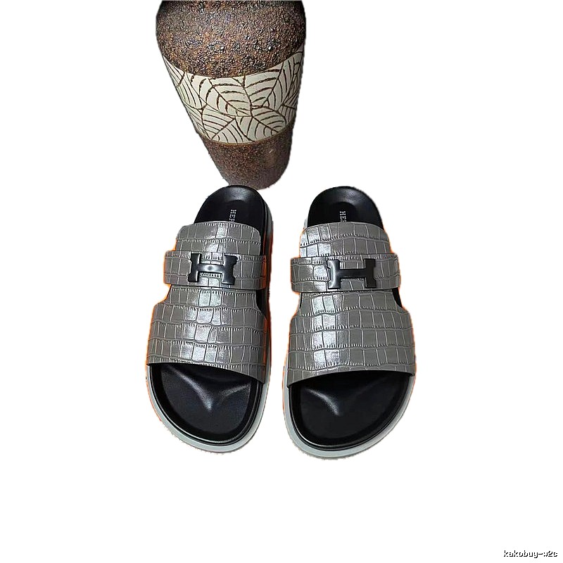 Hermès H-buckle Crocodile-Embossed Light Luxury Style Gray Slides