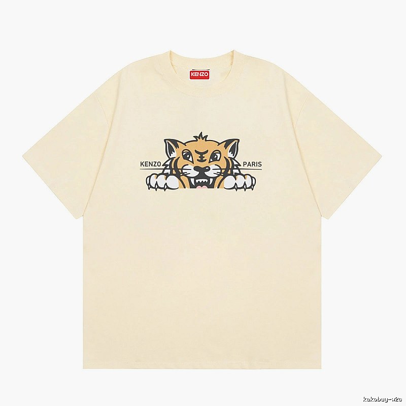 KENZO Tiger Head Print Streetwear Style Beige Short Sleeve T-Shirt
