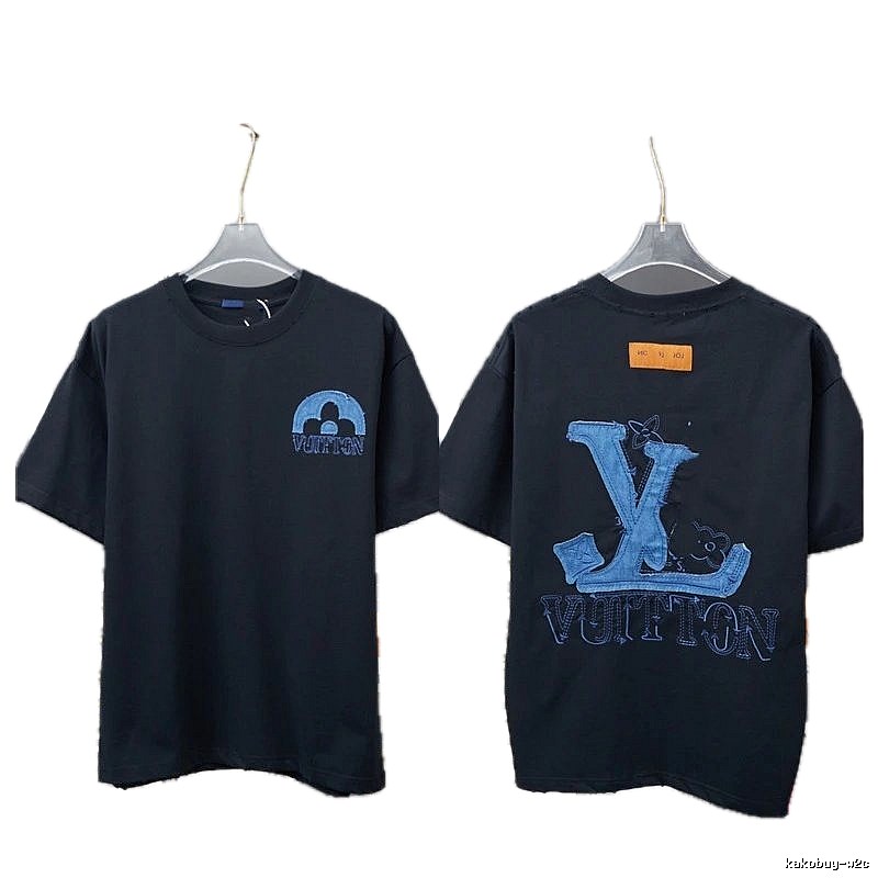 Louis Vuitton Street Style Black T-shirt with Denim Patches
