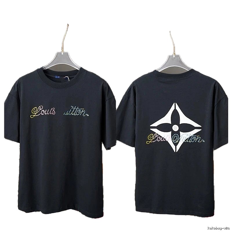 Louis Vuitton Trendy Style Black T-shirt with Hot-fix Rhinestones