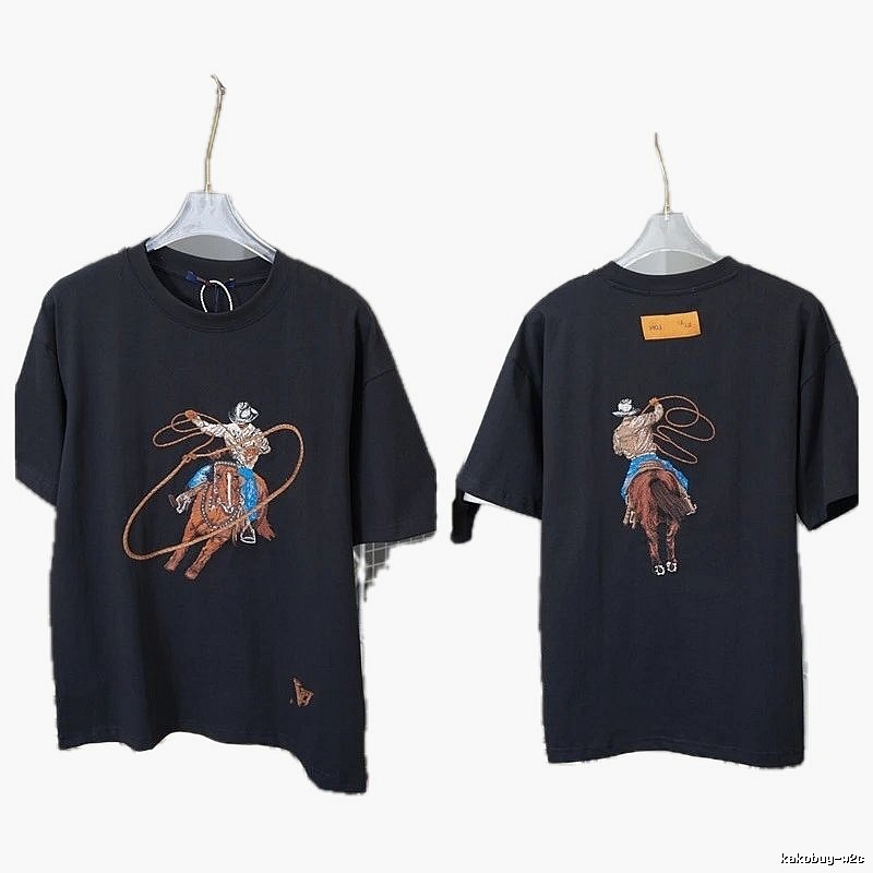 Louis Vuitton Vintage-style Black T-shirt with Denim Embroidery