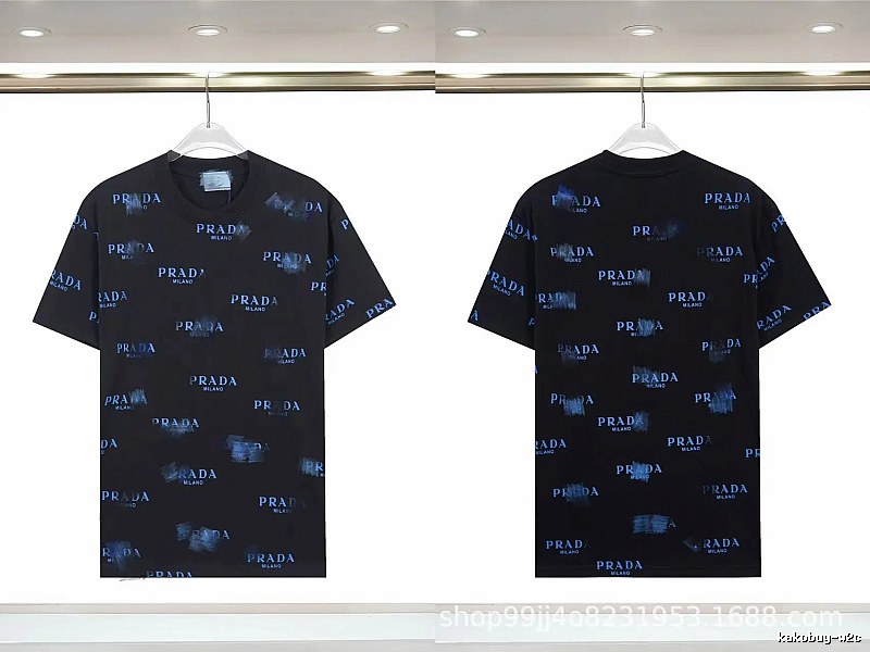 Prada All-over Printed Streetwear Style Black Short-sleeve T-shirt