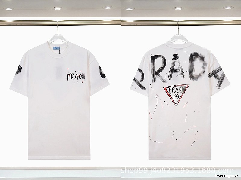 Prada Triangle Logo Graffiti Street Style White Short-sleeve T-shirt