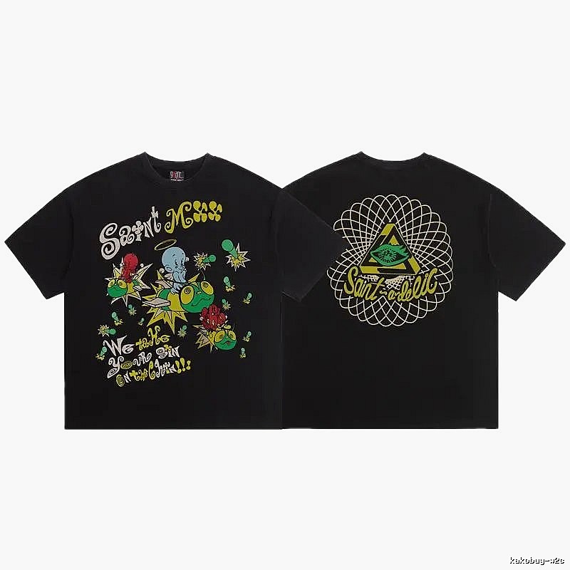 SAINT Cartoon Graffiti Street Style Black T-Shirt
