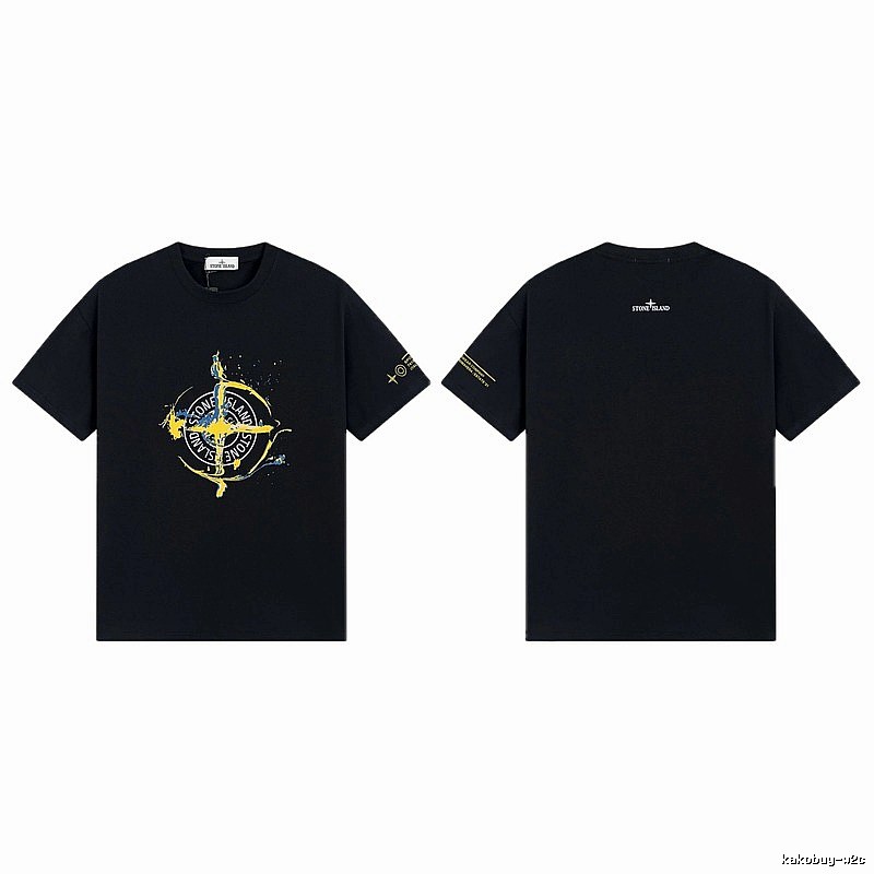 Stone Island Ink-splattered Street Style Black Short-sleeve T-shirt