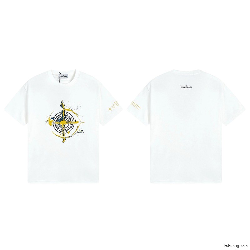 Stone Island Ink-splattered Trendy Style White T-shirt